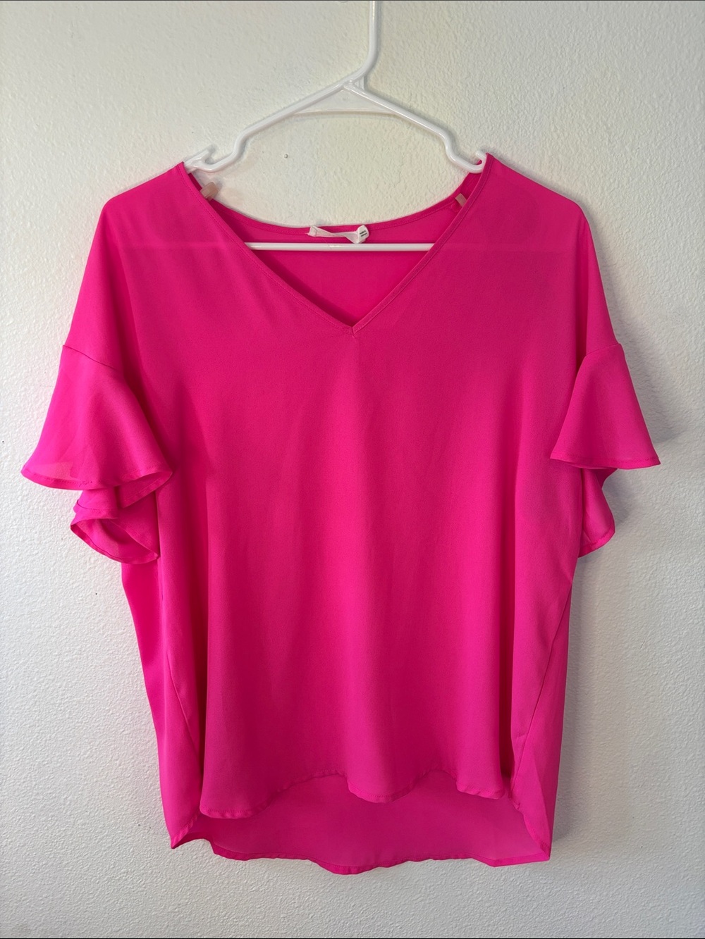 Lush Hot Pink V-Neck Ruffle Sleeve Top -588sku